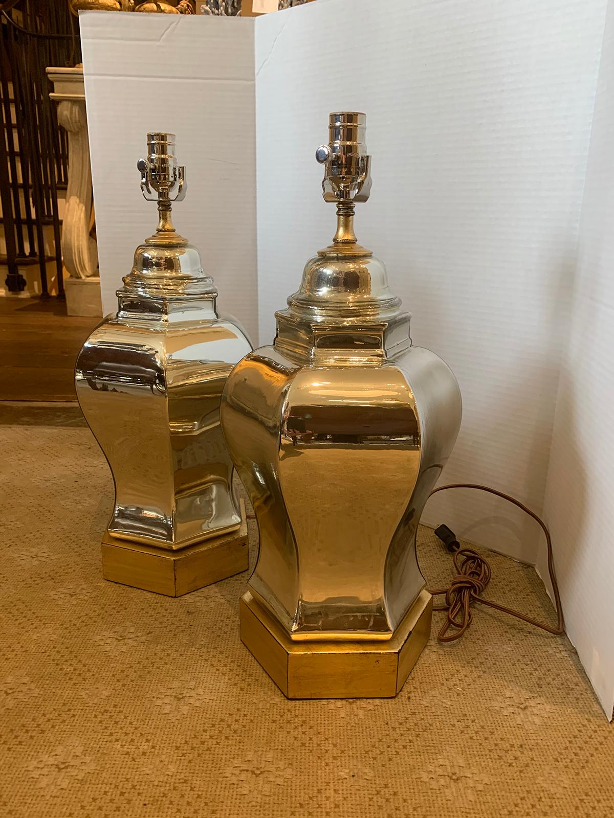 Pair of Mid-20th Century Hexagonal Mirrored Glass Lamps on Custom Bases 1