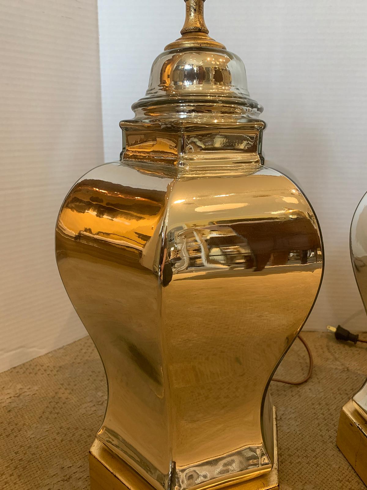 Pair of Mid-20th Century Hexagonal Mirrored Glass Lamps on Custom Bases 4