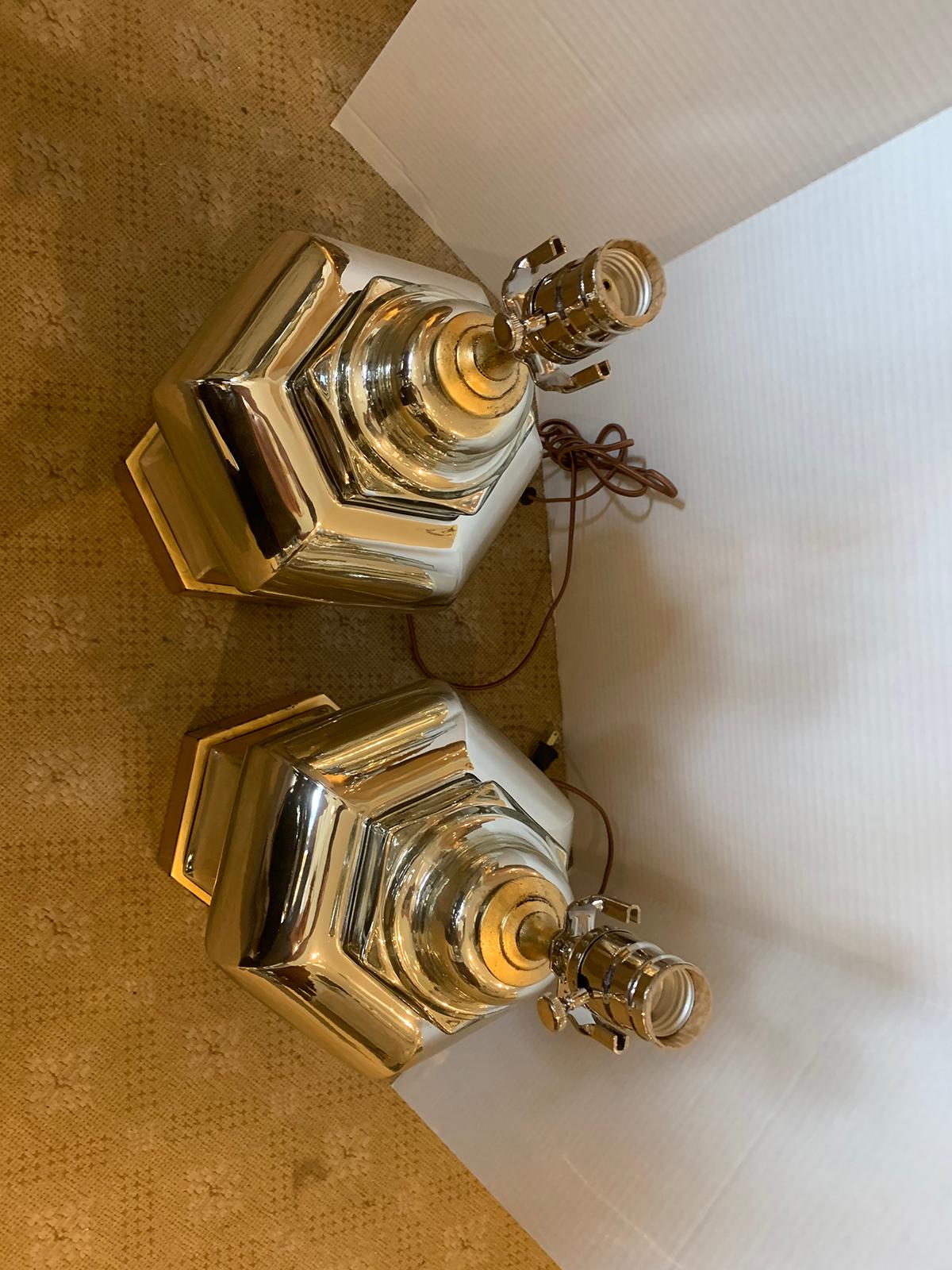 Pair of Mid-20th Century Hexagonal Mirrored Glass Lamps on Custom Bases 6