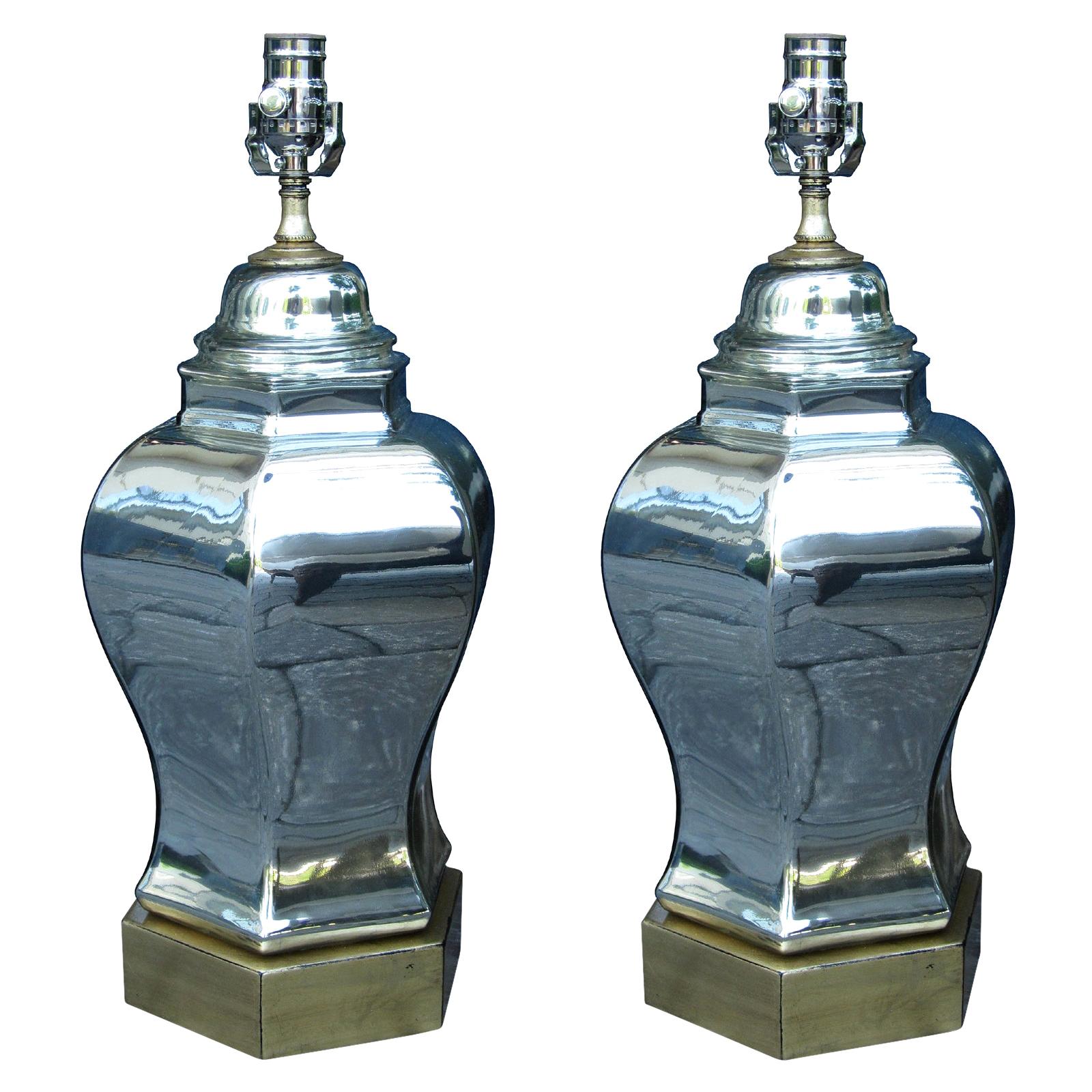 Pair of Mid-20th Century Hexagonal Mirrored Glass Lamps on Custom Bases