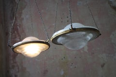 Pair of Mid-20th Century Holophane Pendants Lights Lanterns Gilt Brass