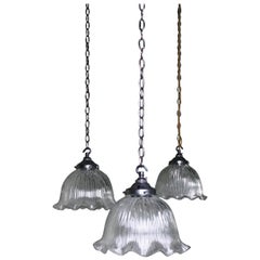 Pair of Mid-20th Century Holophane Style Prismatic Fluted Pendants Lights