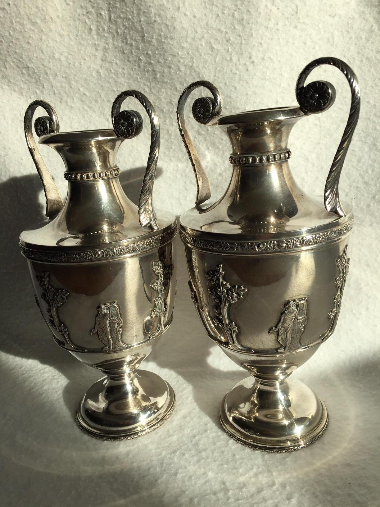 Pair of Mid 20th Century Italian Silver Vases hand casted neoclassical style For Sale 6