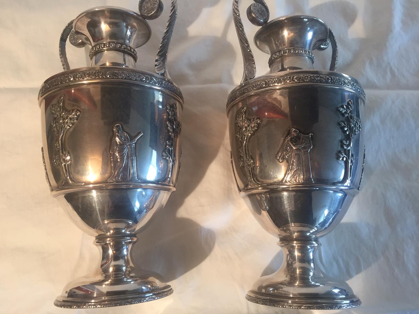 Pair of Mid 20th Century Italian Silver Vases hand casted neoclassical style For Sale 7