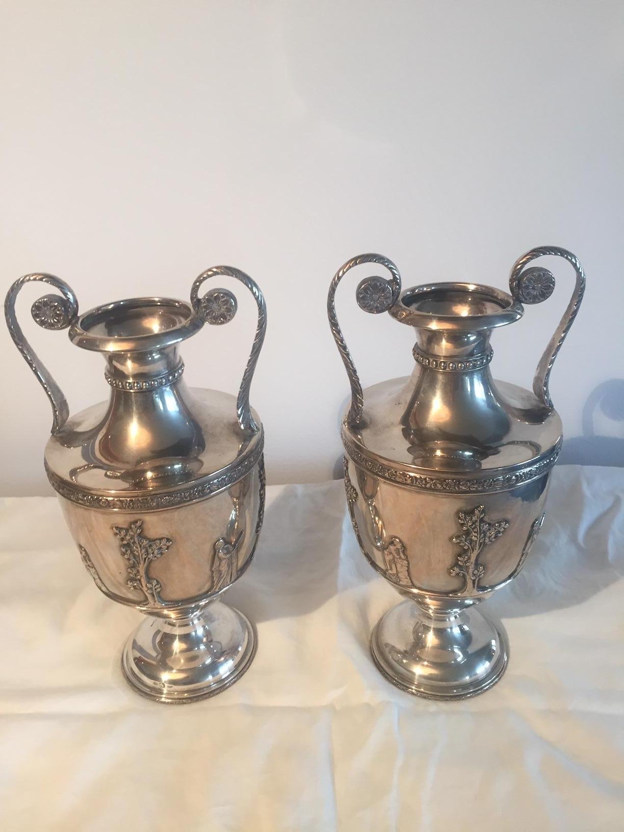 Mid-Century Modern Pair of Mid 20th Century Italian Silver Vases hand casted neoclassical style For Sale