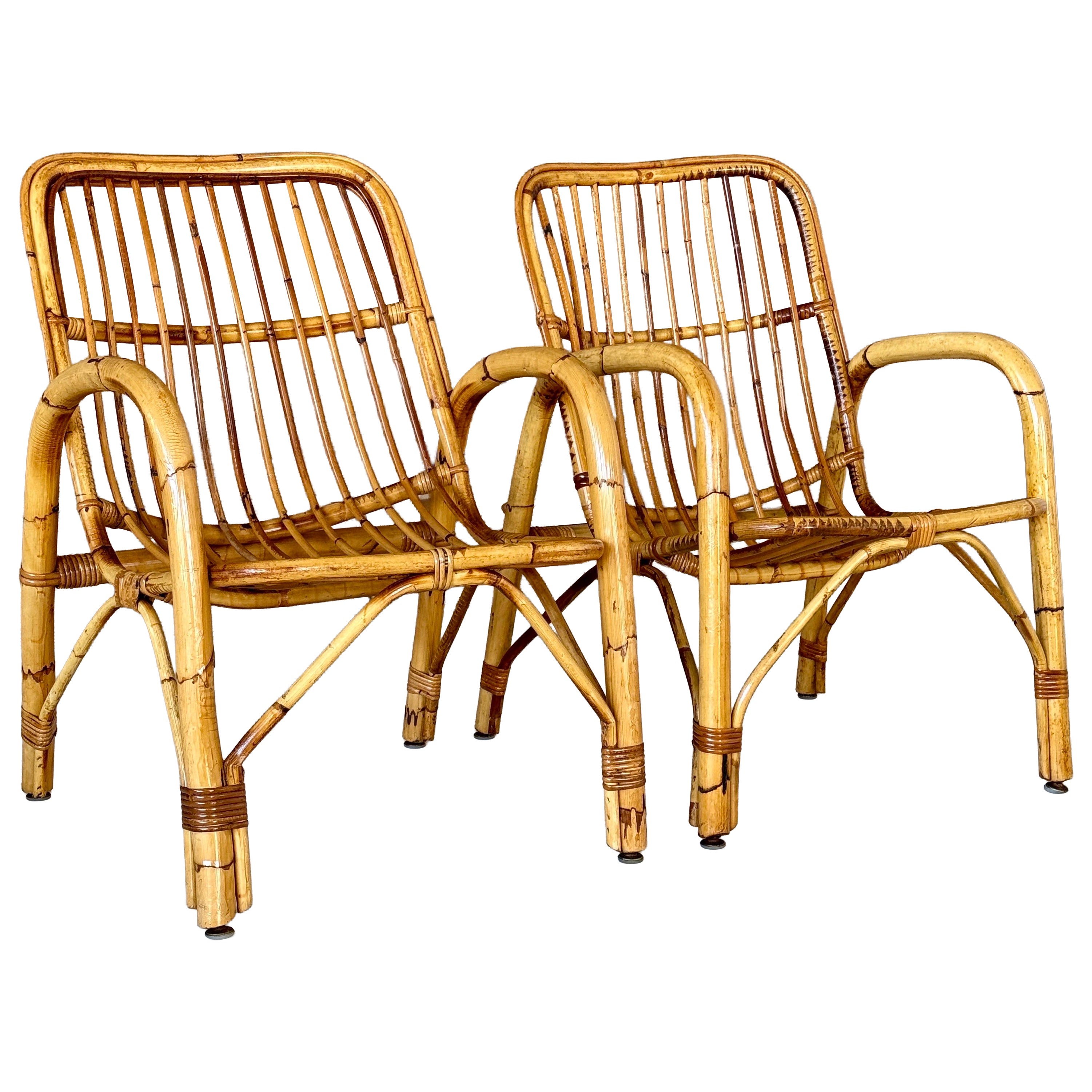 Paire de chaises longues italiennes en rotin courbé du milieu du 20e siècle, à la manière de Fran en vente