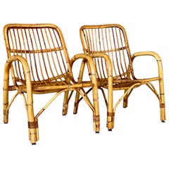 Pair of Mid-20th Century Italian Bent Rattan Lounge Chairs in the Manner of Fran