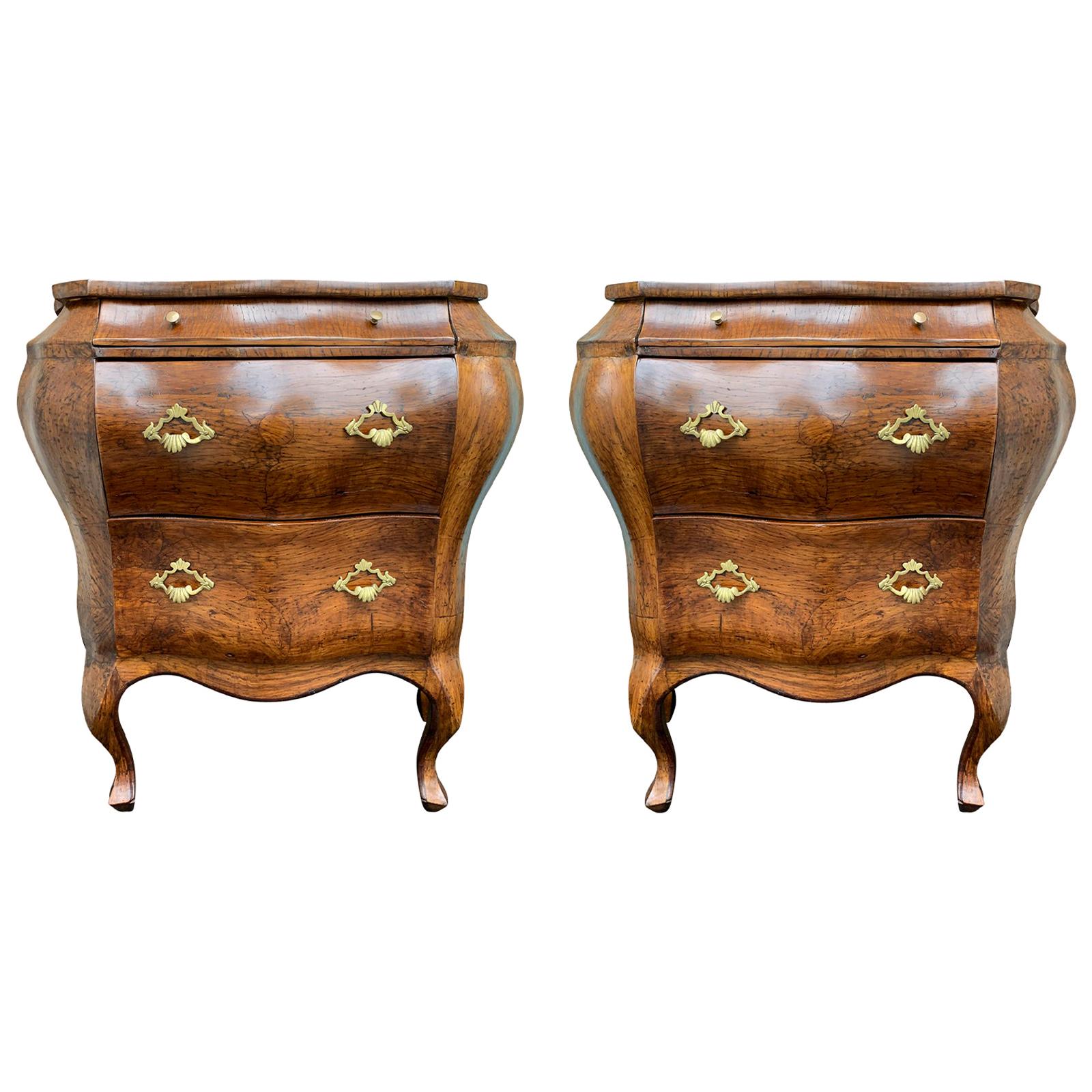 Pair of Mid-20th Century Italian Burled Olive Wood Bombe Form Bedside Commodes