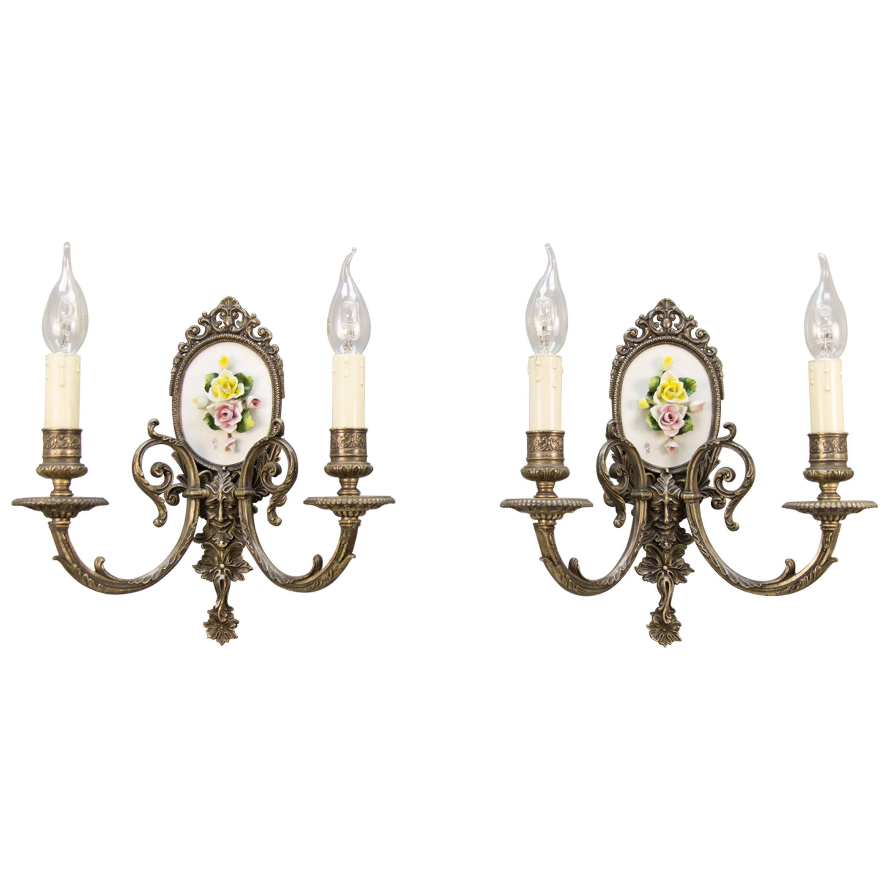 Pair of Mid-20th Century Italian Capodimonte Porcelain and Brass Sconces
