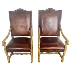 Pair of Mid-20th Century Italian Carved Armchairs with Leather Upholstery