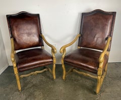 Pair of Mid-20th Century Italian Carved Armchairs with Leather Upholstery