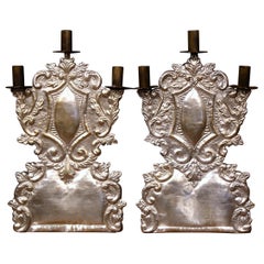 Pair of Mid-20th Century Italian Carved Brass Silvered Three-Light Candelabras