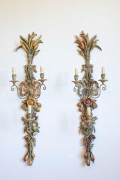 Pair of Mid-20th Century Italian Carved Wood Sconces with Wheat and Floral Motif