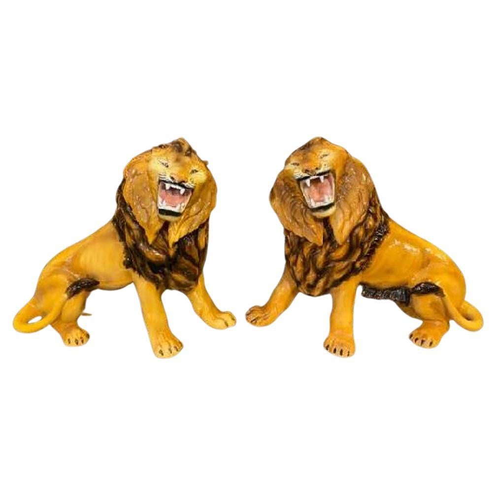 Pair of Mid-20th Century Italian Ceramic Hand Painted Lions by Favaro Cecchetto For Sale