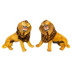 Retro Pair of Mid-20th Century Italian Ceramic Hand Painted Lions by Favaro Cecchetto