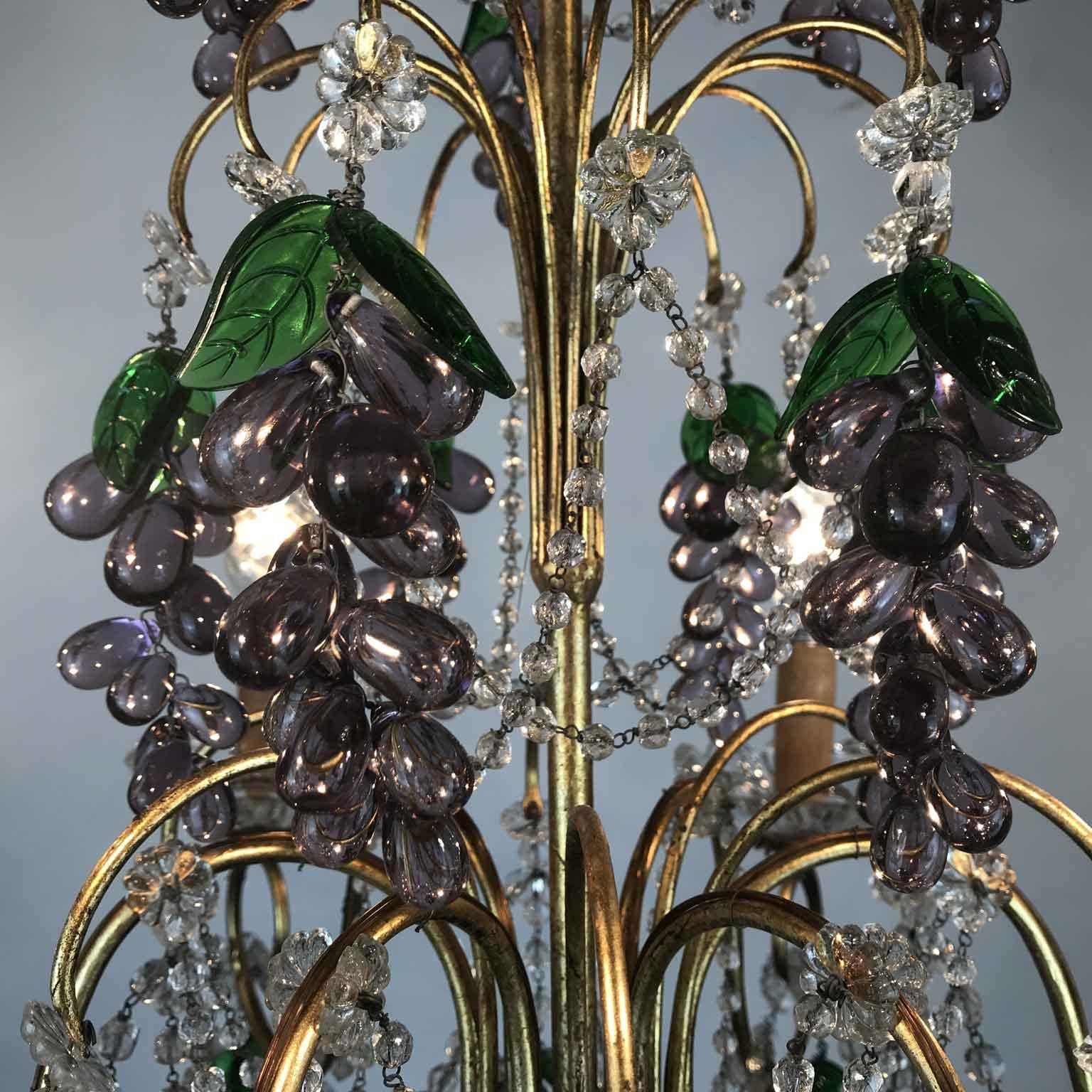 Pair of Mid-20th Century Italian Chandeliers with Purple Murano Glass Grapes 4