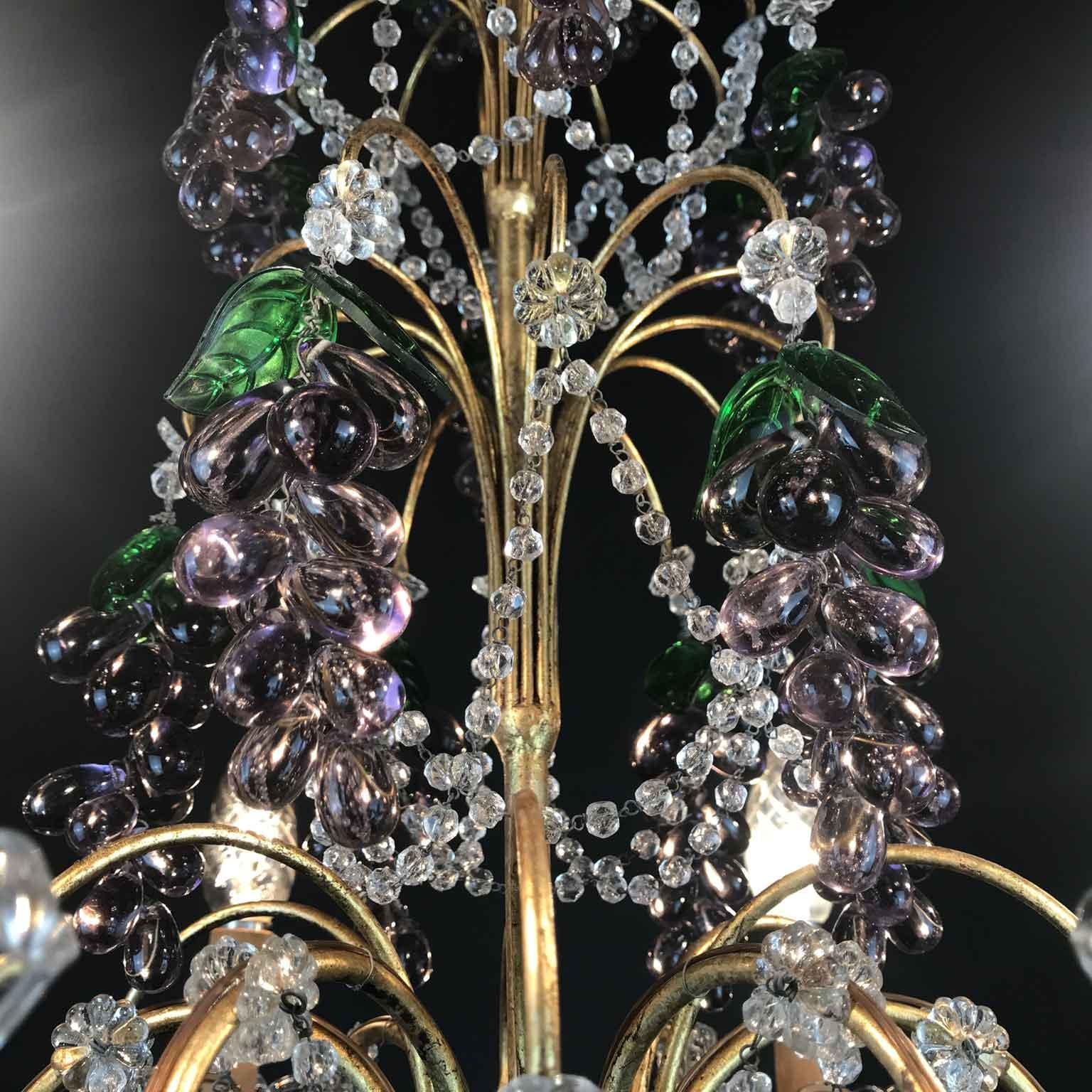 Pair of Mid-20th Century Italian Chandeliers with Purple Murano Glass Grapes 6