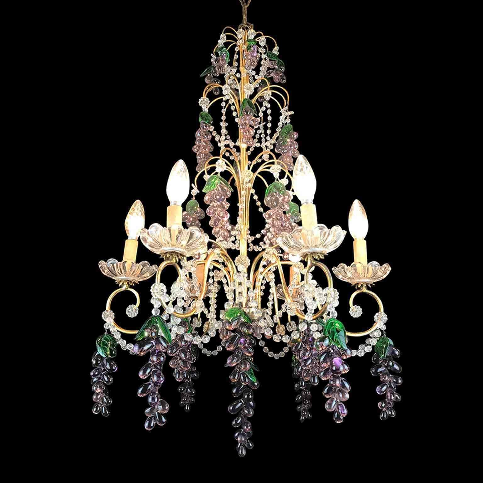 Romantic Pair of Mid-20th Century Italian Chandeliers with Purple Murano Glass Grapes