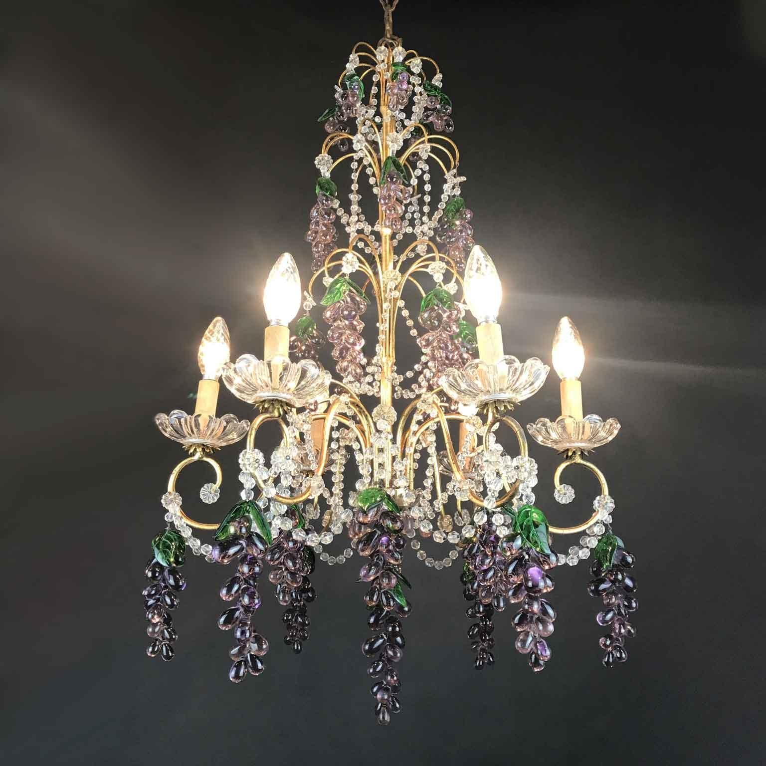 Gilt Pair of Mid-20th Century Italian Chandeliers with Purple Murano Glass Grapes