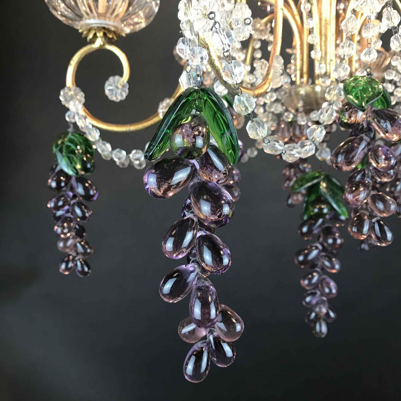 Iron Pair of Mid-20th Century Italian Chandeliers with Purple Murano Glass Grapes