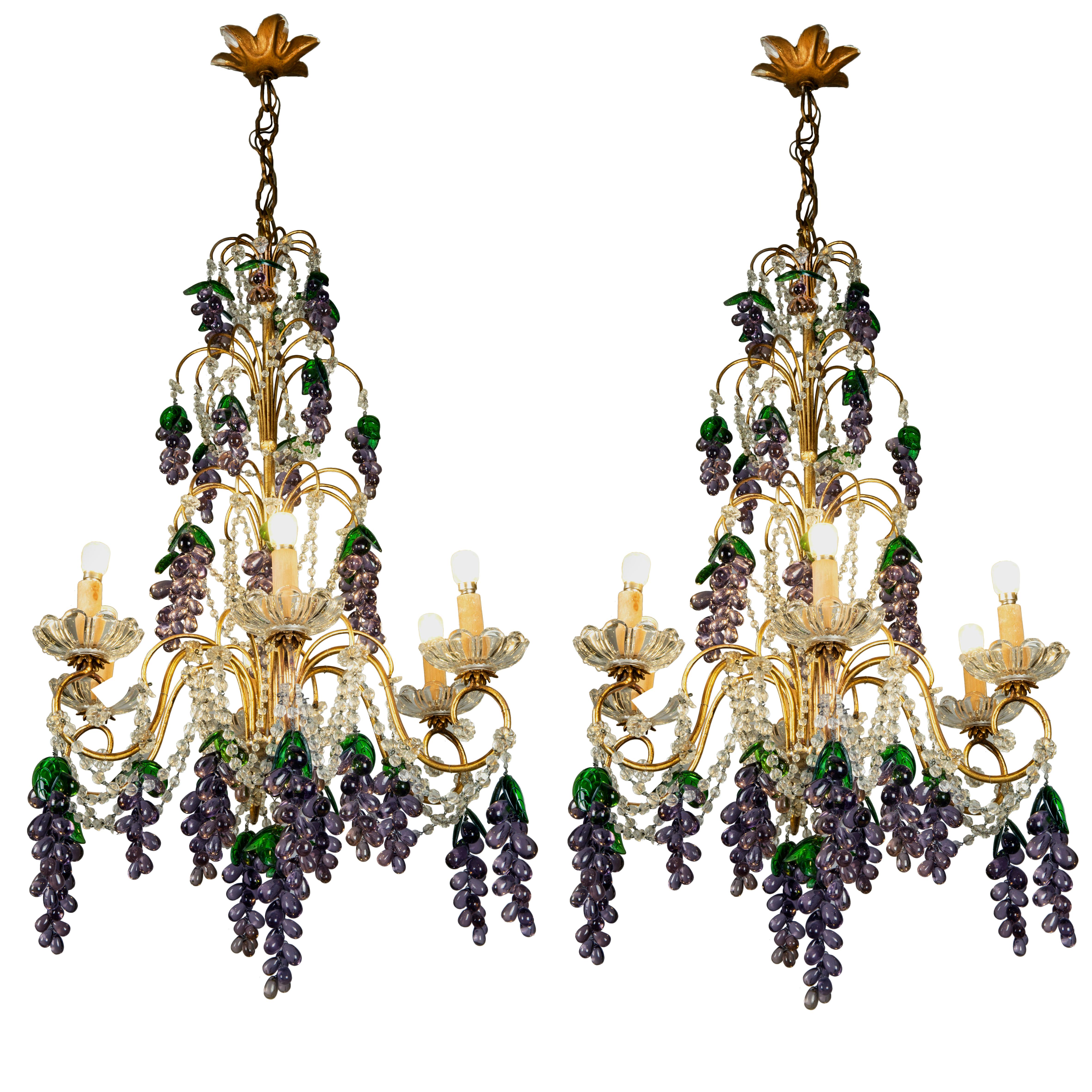 Pair of Mid-20th Century Italian Chandeliers with Purple Murano Glass Grapes