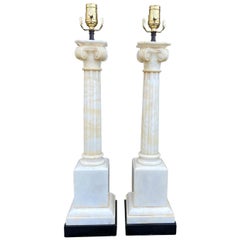 Pair of Mid-20th Century Italian Corinthian Column White Alabaster Lamps
