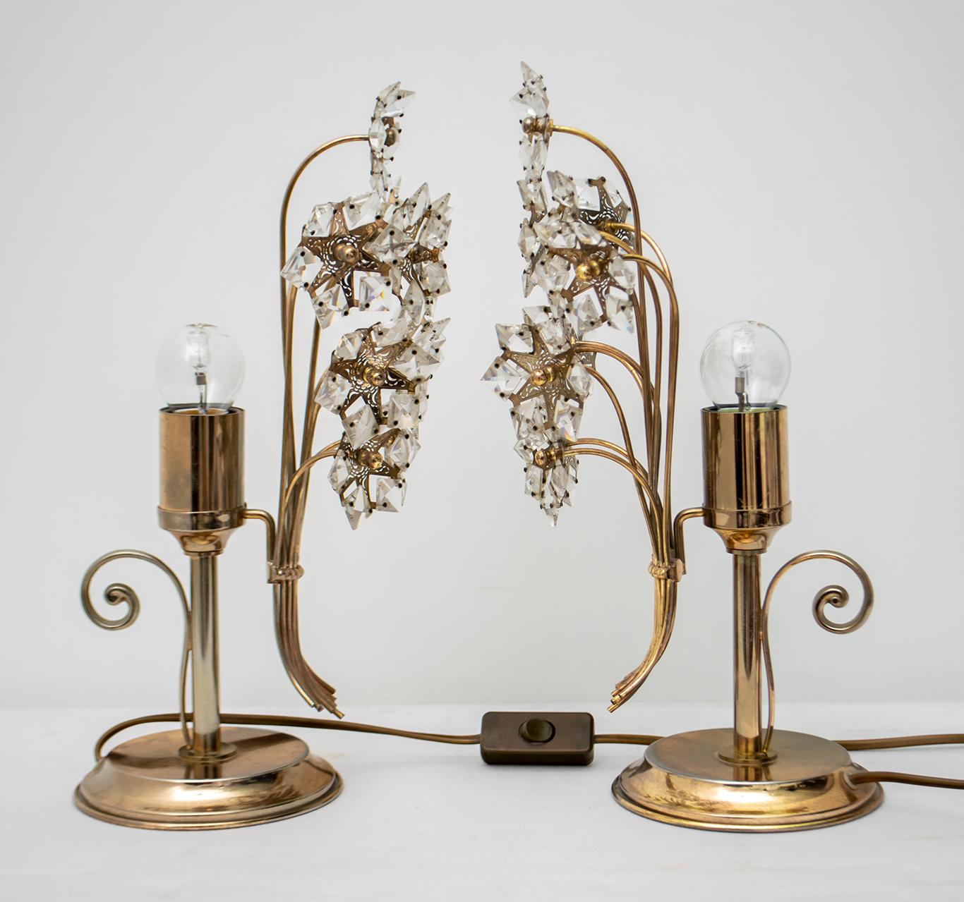 Pair of Mid-20th Century Italian Crystal and Brass Table Lamps, 1960s In Good Condition In Puglia, Puglia