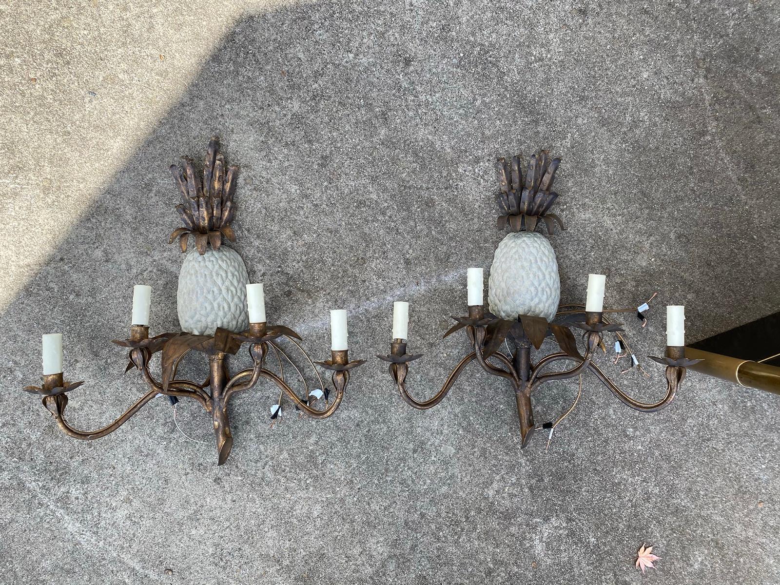 Pair of midcentury Italian giltmetal pineapple four-arm sconces with hand painted custom finish.
New wiring.
