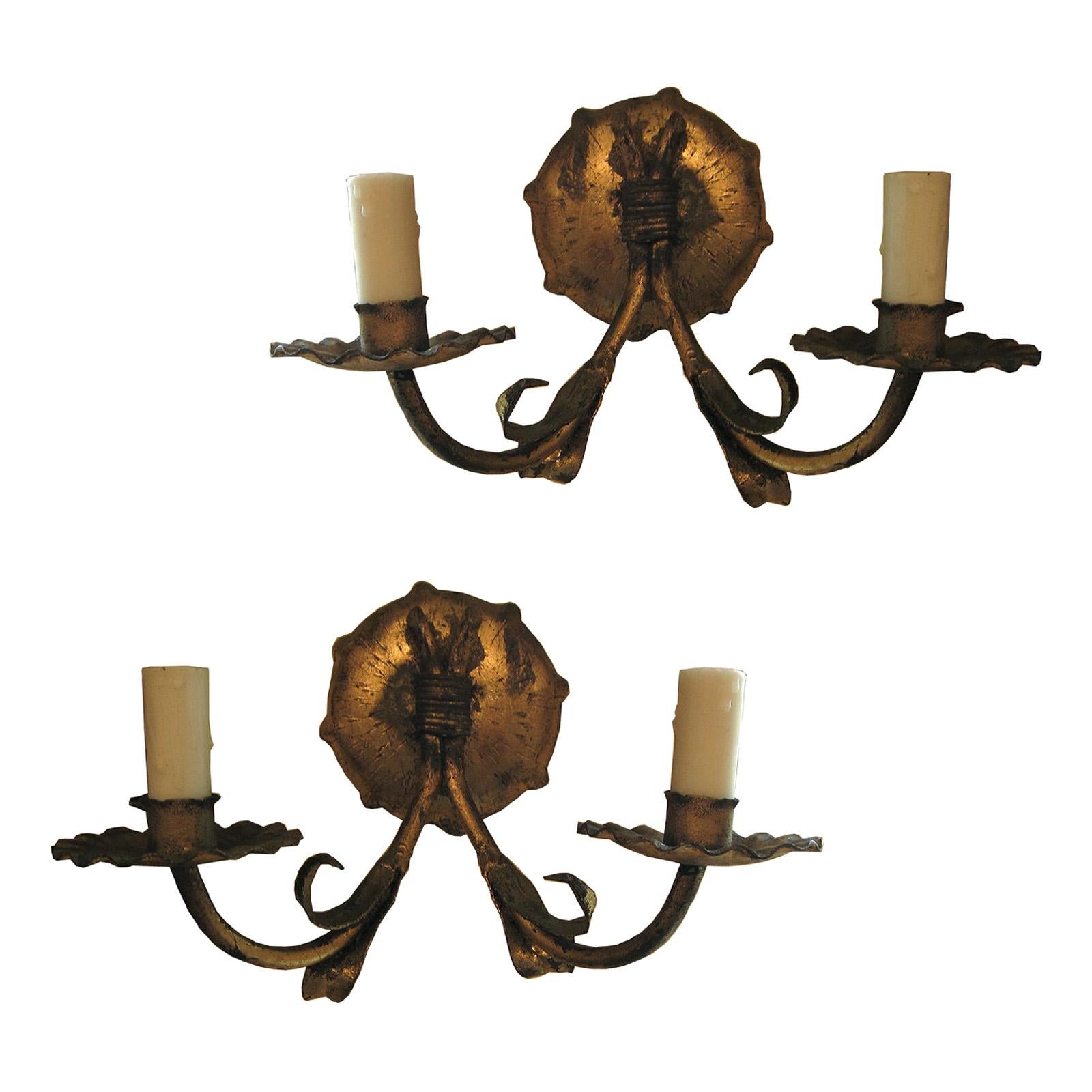 Pair of Mid-20th Century Italian Gilt Tole Two-Light Sconces