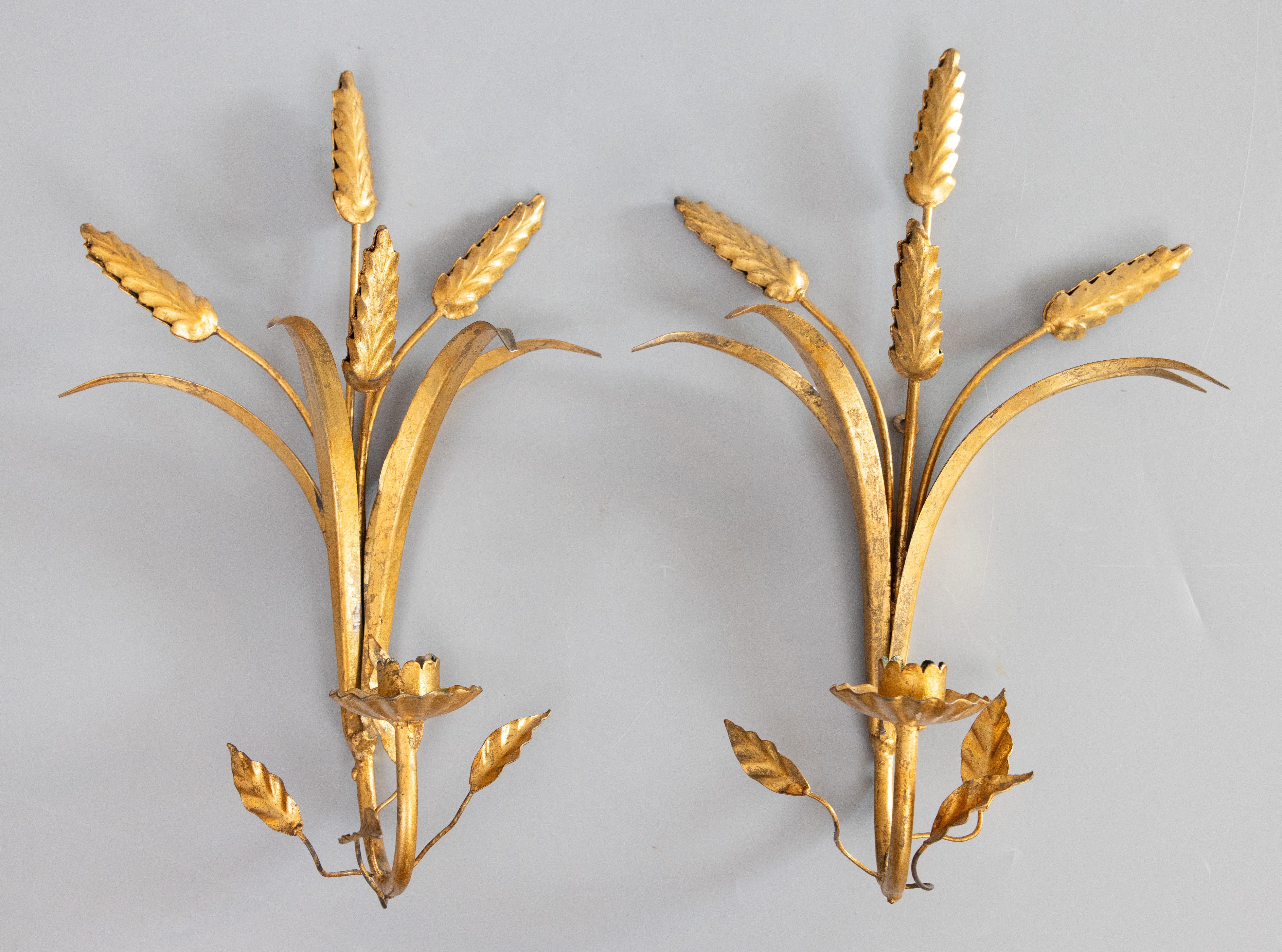 Pair of Mid-20th Century Italian Gilt Tole Wheat Candle Sconces For Sale 3
