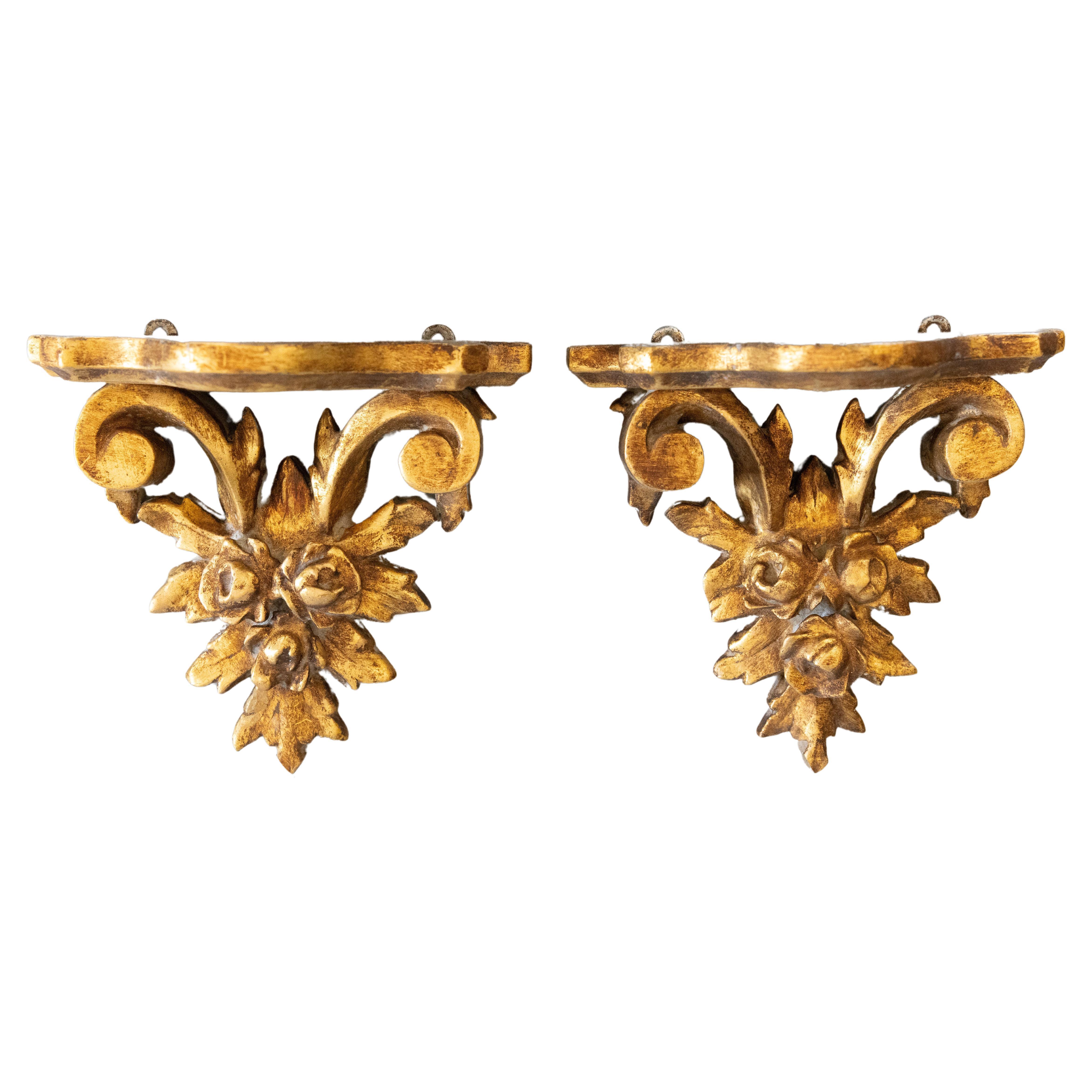 Pair of Mid-20th Century Italian Giltwood Roses Wall Brackets Shelves For Sale