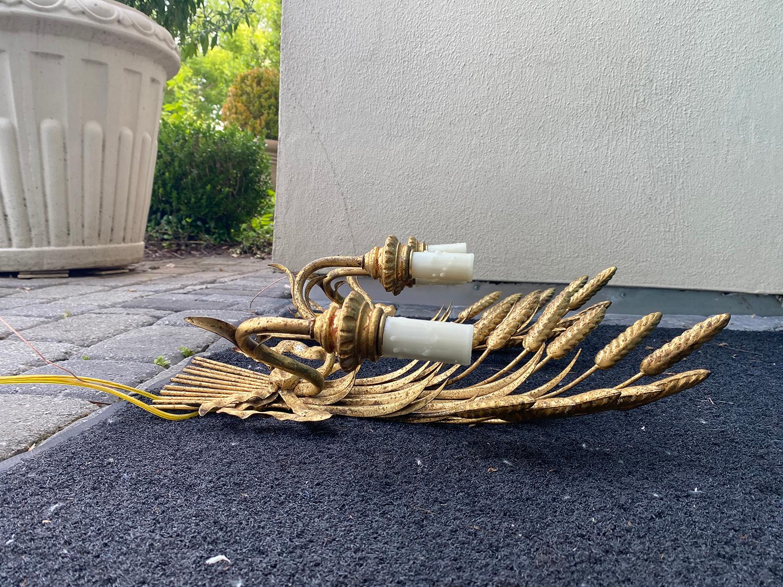 Metal Pair of Mid-20th Century Italian Giltwood Sheaf of Wheat 2 Arm Sconces