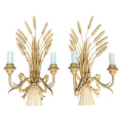 Pair of Mid-20th Century Italian Giltwood Sheaf of Wheat 2 Arm Sconces