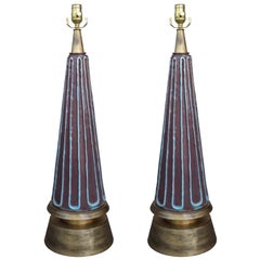 Pair of Mid-20th Century Italian Glazed Pottery Lamps, Custom Giltwood Bases