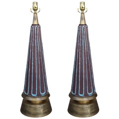 Pair of Mid-20th Century Italian Glazed Pottery Lamps, Custom Giltwood Bases Pair of Mid-20th Century Italian Glazed Pottery Lamps, Custom Giltwood Bases
