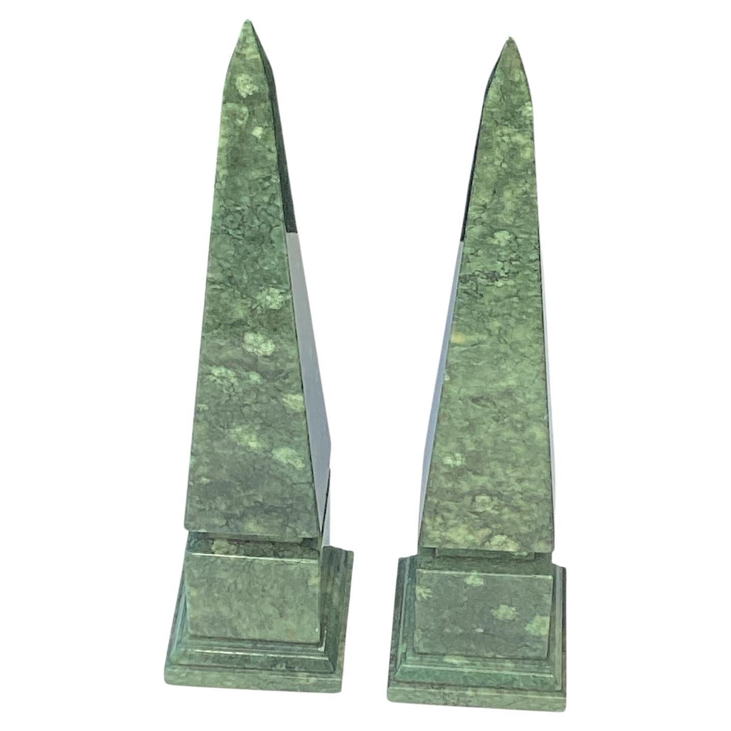 Pair of Mid 20th Century Italian Green Alabaster Obelisks