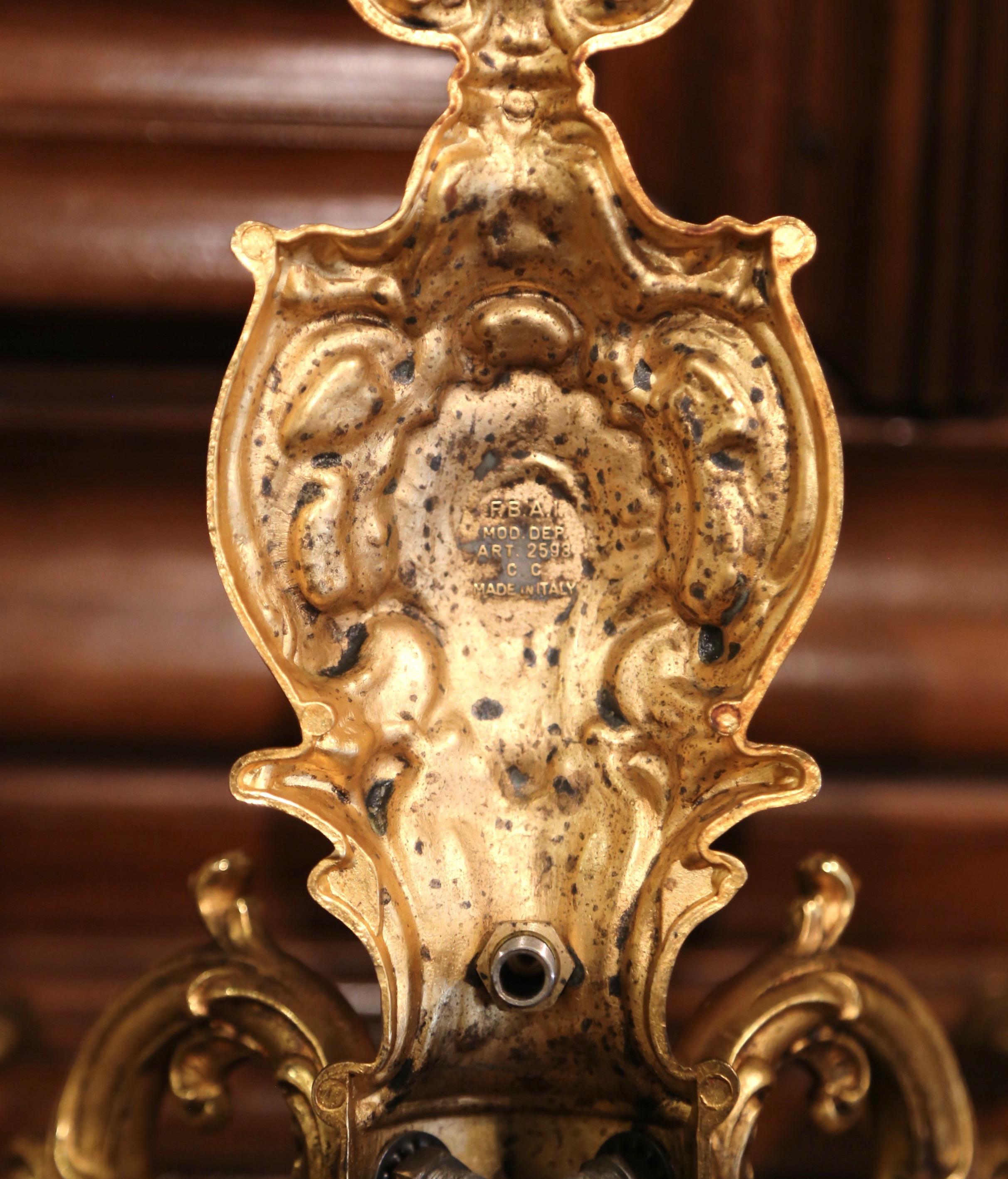 Pair of Mid-20th Century Italian Louis XV Gilt Brass Two-Light Wall Sconces 3