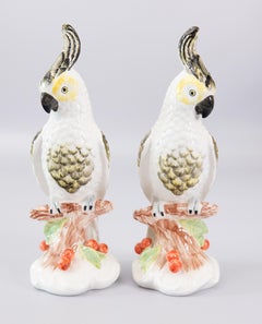Pair of Mid-20th Century Italian Majolica White Cockatoos Parrots Birds