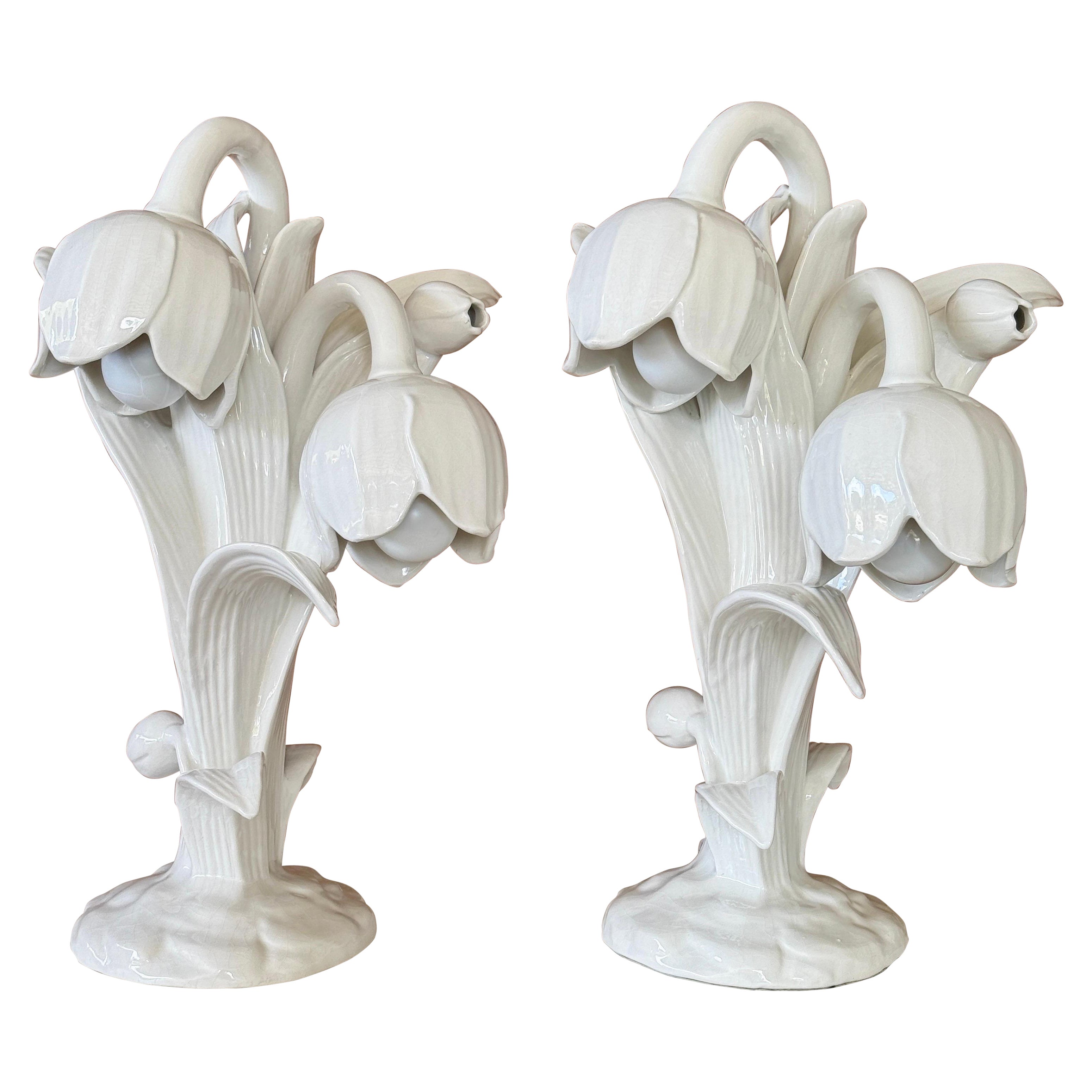 Pair of Mid-20th Century Italian Porcelain Lily Flower Table Lamps For Sale
