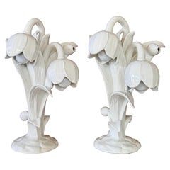 Pair of Mid-20th Century Italian Porcelain Lily Flower Table Lamps