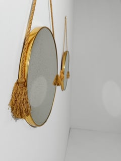 Pair of Mid 20th Century Italian Round Mirrors in Gilt- metal with Tassels, 50s