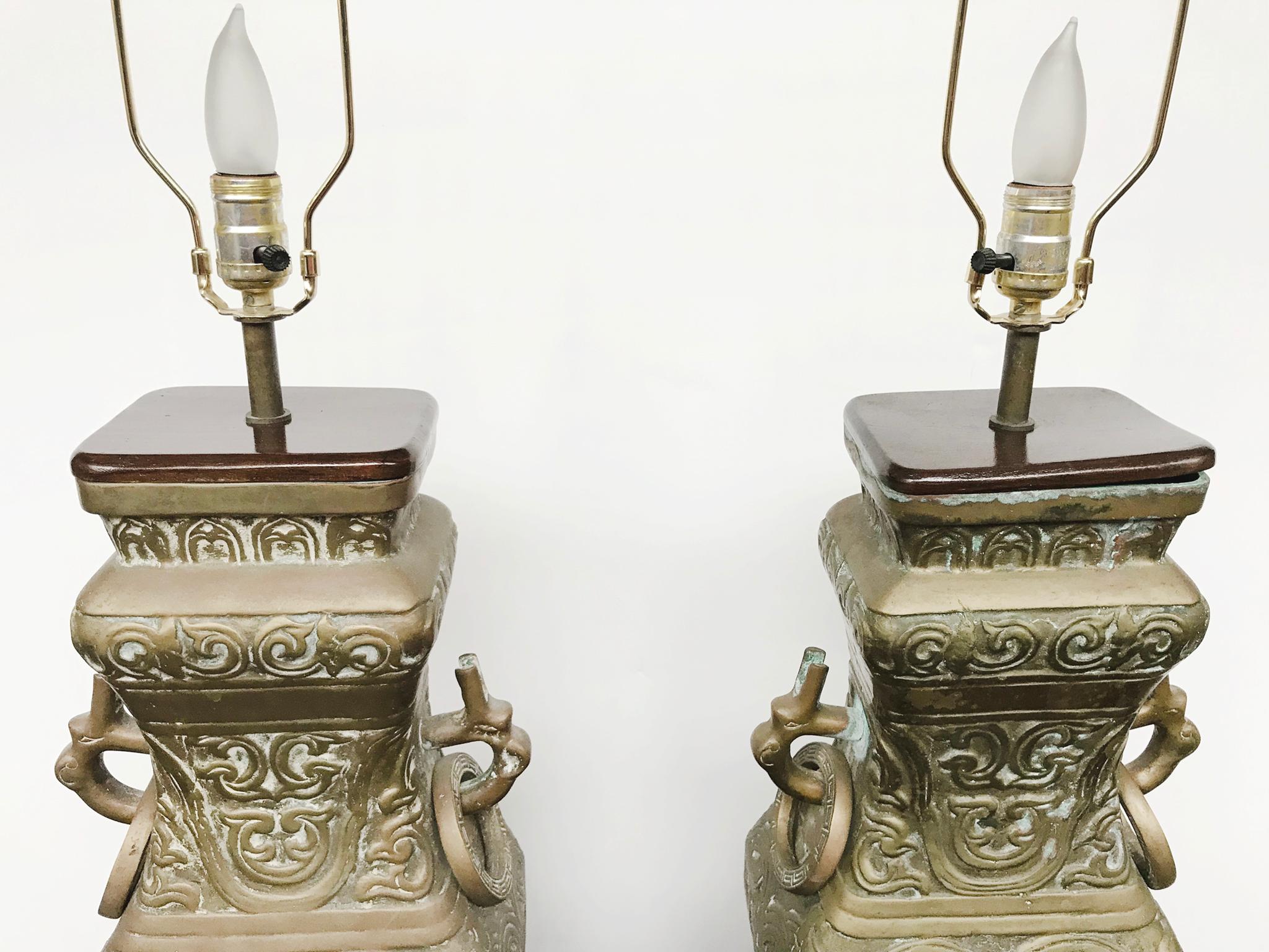 Hollywood Regency Pair of Mid-20th Century James Mont Style Brass Table Lamps