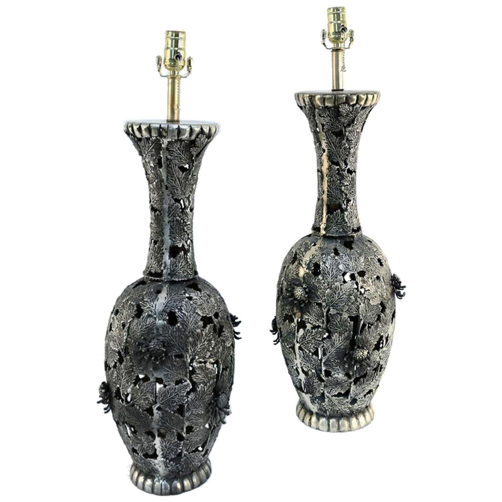 Pair of Mid-20th Century Japanese Bronze Table Lamps with Floral Lattice Design