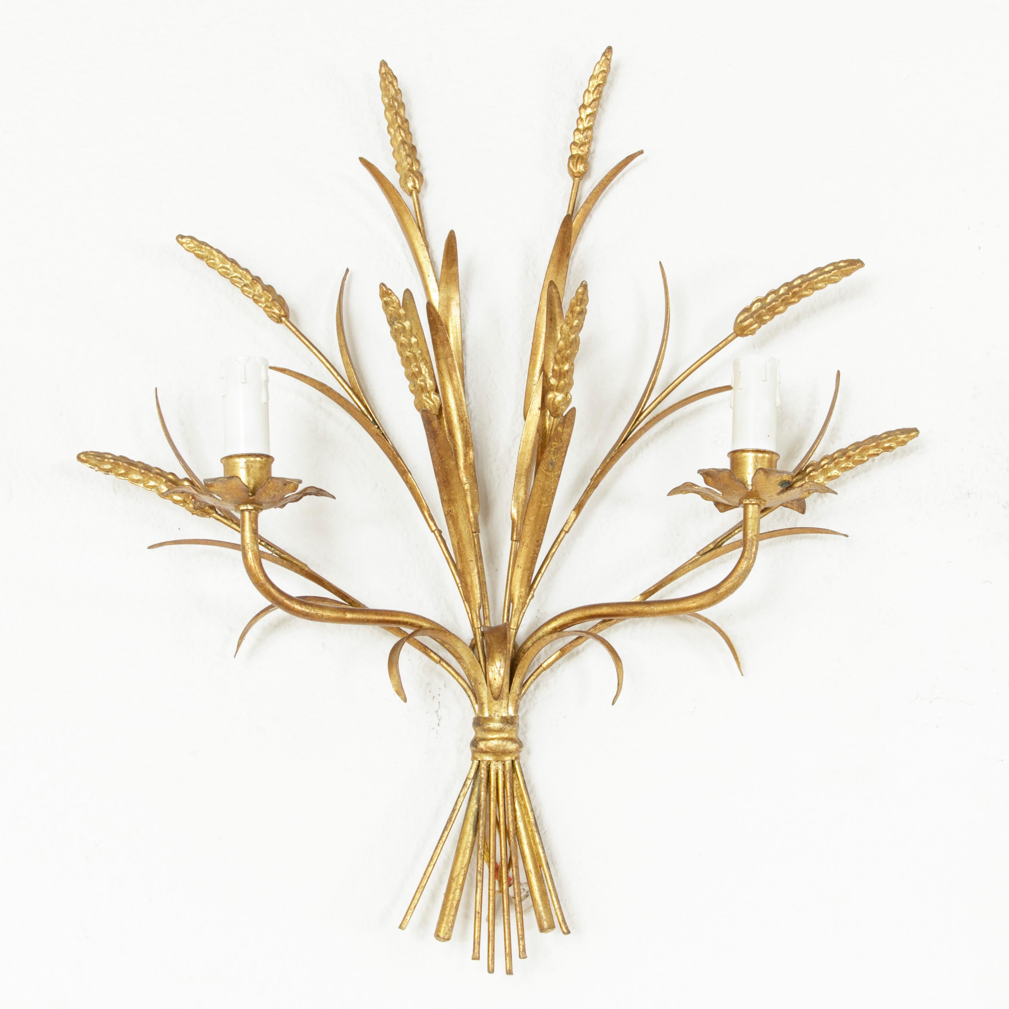 Pair of Mid-20th Century Large Italian Gilt Metal Wall Sconces with Wheat Motif 1