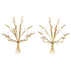 Pair of Mid-20th Century Large Italian Gilt Metal Wall Sconces with Wheat Motif