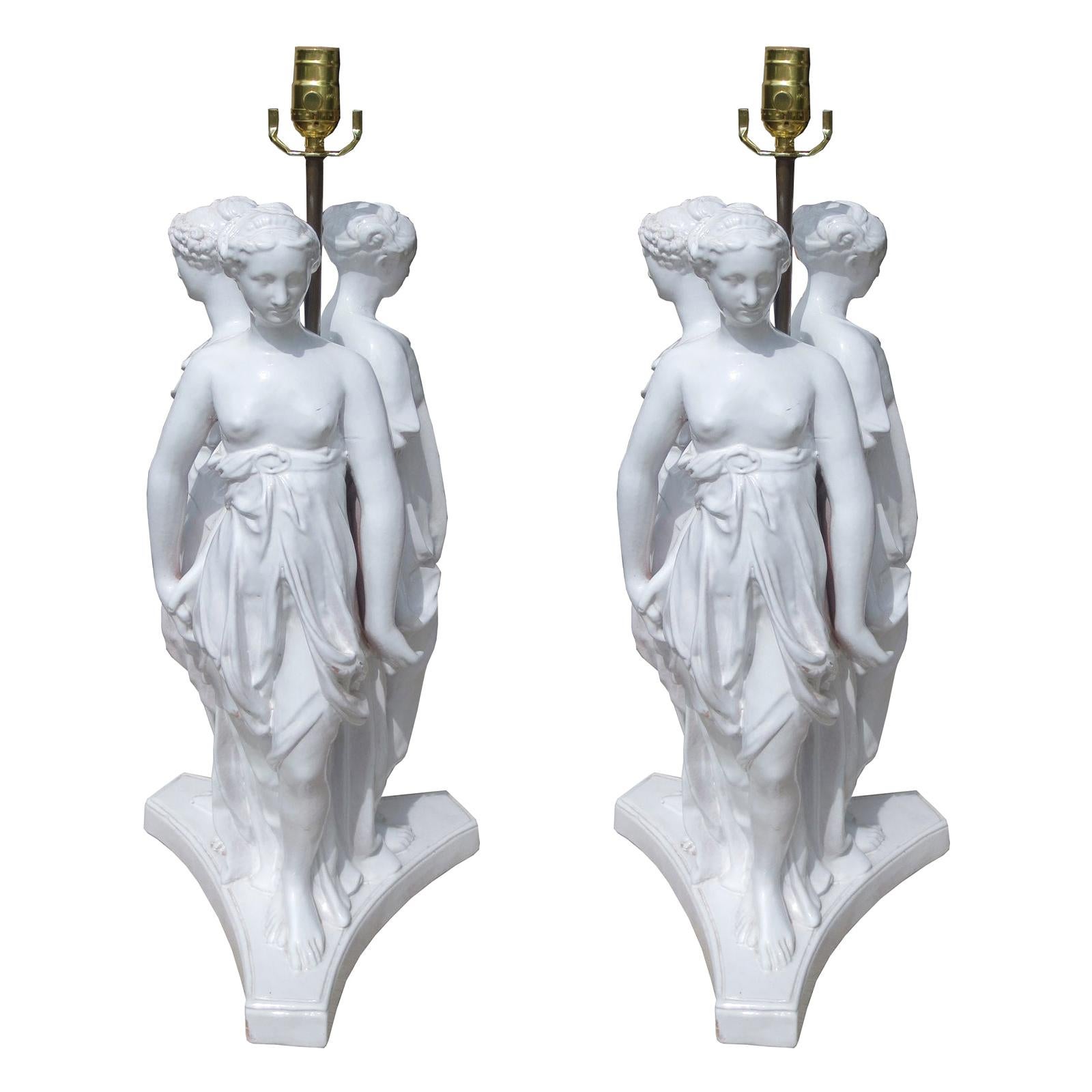 Pair of Mid-20th Century Large Italian Porcelain Figure Lamps For Sale