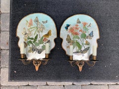 Pair of Early 20th Century Large Mirrored Decalcomania Sconces with Butterflies