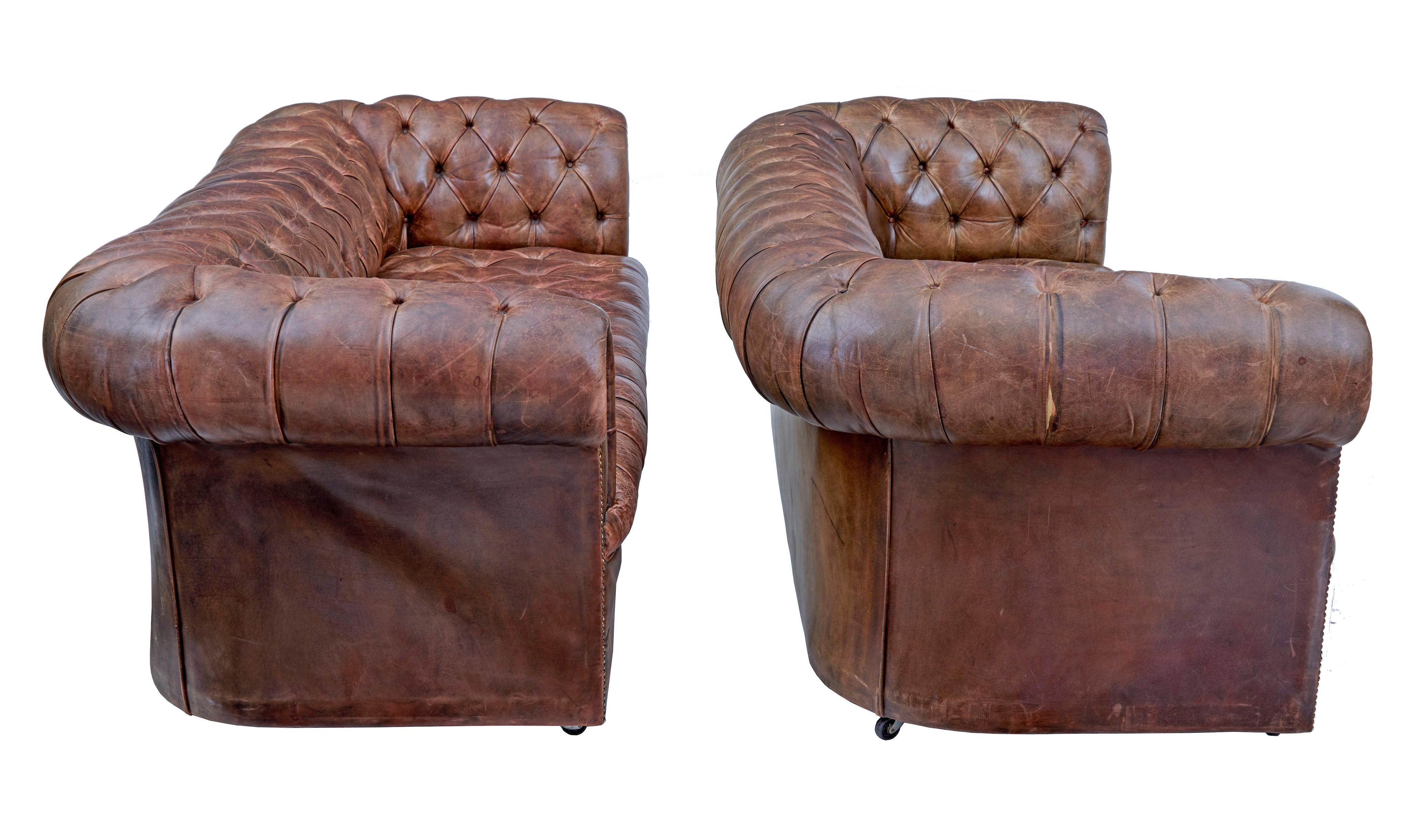 Hand-Crafted Pair of Mid-20th Century Leather Chesterfield Sofas
