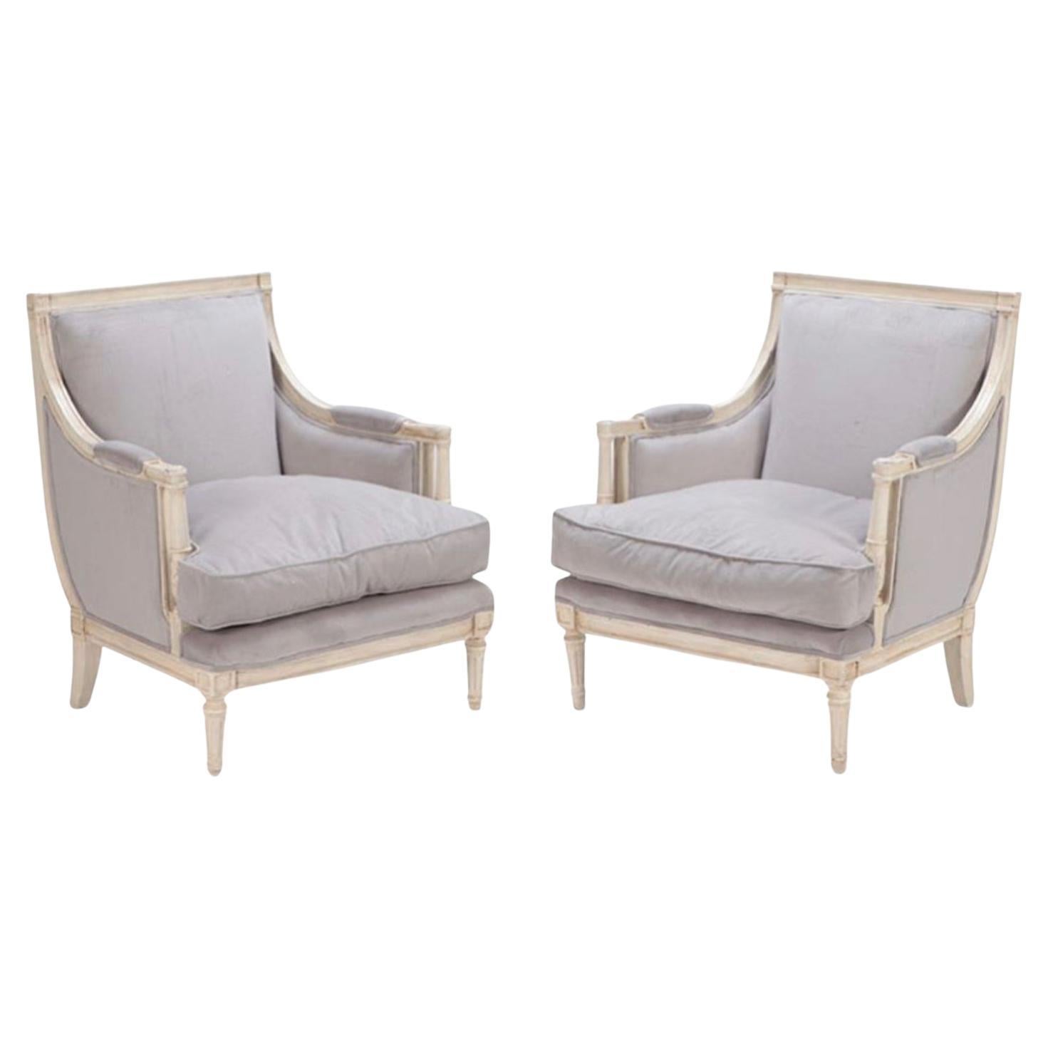 Pair of Mid-20th Century Louis XVI Berger Chairs Newly Upholstered