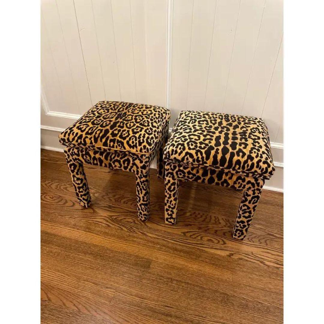 Mid-Century Vintage Pair of Parsons Benches / Stools / Ottomans in Milo Baughman Style with New Custom Upholstery in a Scalamandre-inspired Leopard velvet.
